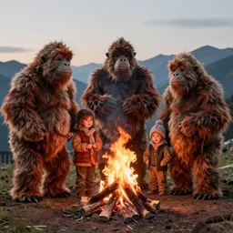 Highly detailed, photorealistic, family of Yetis around a bonfire, by Gregory Crewdson