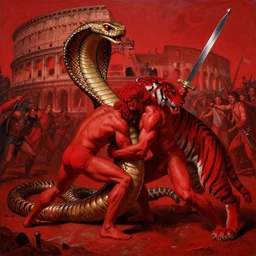 only with red, ney matogrosso wrestling with a giant cobra, a red tiger, in hoc signo vinces, 2 0 3 0 rome in background, an ancient sword and battle, painting by gottfried helnwein, intricate composition, red by caravaggio, insanely quality, highly detailed, masterpiece, red light,
