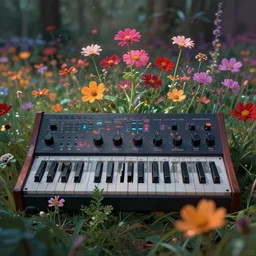 moog synth with flowers and tiny hallucinations, by alexandros pyromallis