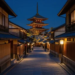 Medieval Kyoto street at night landscape, 8K, trending on artstation, golden ratio, pleasant composition, by Jean Giraud