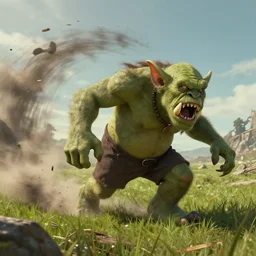 A troll lumbers across a field. In its wake, it leaves a swath of destruction that looks like an angry god's handiwork. A few dozen meters out, it turns and bellows at them, revealing long tusks jutting from its lower jaw.