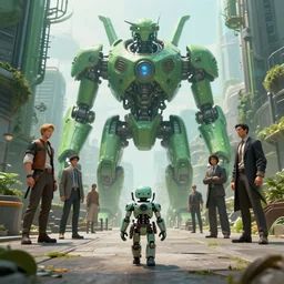 a portrait of a small cyborg standing in the middle foreground walking in the street of a great green mechanical city by Greg Rutkowski, Sung Choi, Mitchell Mohrhauser, Maciej Kuciara, Johnson Ting, Maxim Verehin, Peter Konig, final fantasy , mythical, 8k photorealistic, cinematic lighting, HD, high details, atmospheric,