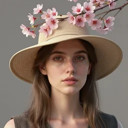 a candid portrait of a european female wearing a hat with sakura on top, naturel, hyper detailed, digital art, trending in artstation, cinematic lighting, studio quality, smooth render, unreal engine 5 rendered, octane rendered