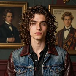 beautiful punk rock young man, long curly brown hair, leather jacket and denim vest, clean shaven, galley artwork by winslow homer and leyendecker