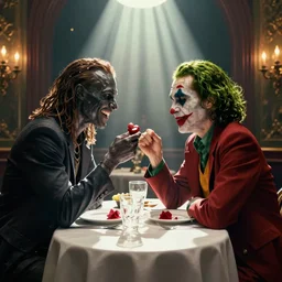 morbius and the joker on a date, photograph, romantic lighting, movie scene