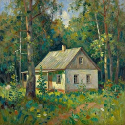 a painting of a house in a vivid forest by Anton Fadeev.
