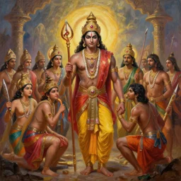 an epic cinematic scene from Ramayan, by Jack Gaughan, oil on canvas, super detailed, HDR, HD, 4K, 8K, trending on ArtStation concept art.