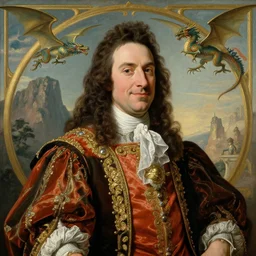 baroque painting, portrait of stephen mmmm colbert, art nouveau, regal outfit, smug look, dragon flying around a mountain in the background, trending on artstation, style of peter mohrbacher, trending on artstation