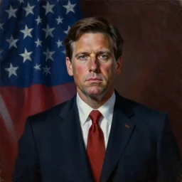 oil painting of Ron Desantis in front of a Betsy Ross flag, dark, creepy, ominous