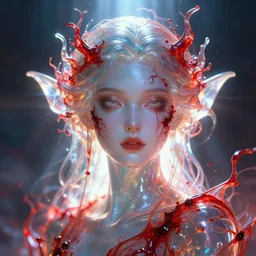a frontal face portrait of transparent and beautiful elegant elemental entity made of blood + dissolving in to light + backlit + incredible lighting+ strong rim light + highly detailed + god rays + digital painting + HDRI, by Andon Hristov, vivid colors, high contrast, 8k resolution, intricate, photorealistic, smooth