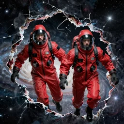two scientists wearing red rick owens hazmat suits escaping the tear in the galactic continuum by frank frazetta
