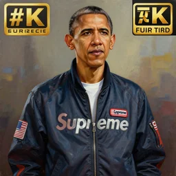 an oil painting of barack obama wearing the supreme drip jacket, by artgerm, hd, hdr, ue 5, ue 6, unreal engine 5, realistic anime 3 d style, cinematic 4 k wallpaper, 8 k, ultra detailed, gta cover art, high resolution, artstation, award winning