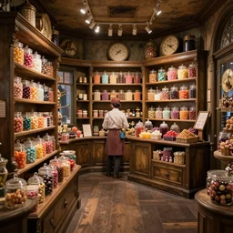 Inside an old fashioned sweet shop, sweet jars on shelves, fantasy vendor interior, wide angle, cinematic, highly detailed, cinematic lighting , photorealistic