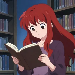 anime visual, portrait of a curious young woman with long red hair in a library interior reading, cute face by ilya kuvshinov, yoh yoshinari, dynamic pose, dynamic perspective, cel shaded, flat shading mucha, rounded eyes, moody, psycho pass, kyoani, blue tint