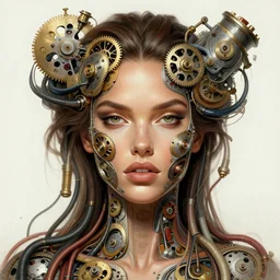 symmetry!! adriana lima, machine parts embedded into face, tubes and cables, intricate, elegant, highly detailed, digital painting, artstation, concept art, smooth, clockwork, sharp focus, illustration, art by artgerm and greg rutkowski and alphonse mucha, 8 k