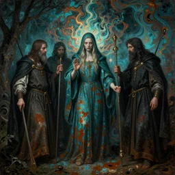 the night of the 5 murderous sorcerers. by ( rembrandt painting ( 1 0 0 ) ( fractal flame ) ), highly detailded, turquoise rust