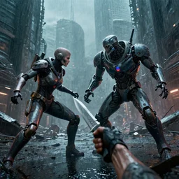 First Person Point view of Gipsy Danger robort fighting with Knifehead and Slattern in the wreckage city in the rain,Pacific Rim,by Tim Hildebrandt ,James Paick,Ted Nasmith, peter gric,Hugh Ferriss,trending on artstation,8k,Blade Runner 2049,ultra realistic,high detail,golden ratio,cinematic lighting,maximalist