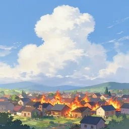 little village on fire, sky, spring, couple lover, beautiful cloud, quiet, anime background, illustration, sharp focus, intricate, smooth, super wide angle, trending on artstation, trending on deviantart