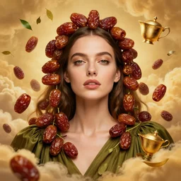 epic portrait of beautiful female face supermodel portrait surrounded by levitating sweet dried dates fruits, olive dress, golden tea cup and leaves flying in sky by amy leibowitz, wlop, jeremy lipkin, beeple, intricate, artgerm, ilya kuvshinov, golden clouds background