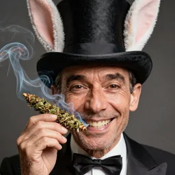 hyper realistic, close up portrait of a derpy mr. bean, big chungus, with bunny ears, and a large top hat, smoking massive amounts of weed, big smile, buck teeth, by greg rutkowski, scott m fischer, artgerm, loish, slight glow, atmospheric, anne stokes, alexandros pyromallis, 4 k, 8 k