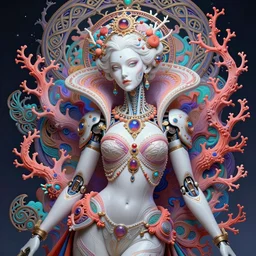 portrait of an absurdly beautiful, graceful, sophisticated, fashionable cyberpunk mechanoid queen elizabeth, hyperdetailed illustration by irakli nadar and alexandre ferra, volumetric lighting, celtic fantasy art, psychedelic, intricate, hyper detailed, smooth, vibrant aura, intricate linework, white porcelain skin, faberge, coral