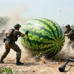 The military was called in to try to stop the giant watermelon, but their weapons had no effect on it. The watermelon just kept coming, smashing everything in its path. , Film scene