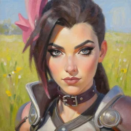oil painting of tracer overwatch in a field, in style of mark arian, expressive face, very detailed face, wearing leather choker, very detailed eyes, full body, feminine face, detailed makeup on eyes,