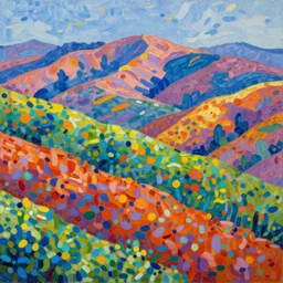 Colorful landscape with intense colors, painting, pointillism