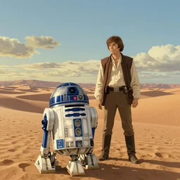 beautiful wide shot tatooine landscape obi wan kenobi Luke skywalker R2-D2 in Star Wars a new hope 1977 by studio ghibli, Miyazaki, studio ghibli, Jean girard, Moebius , animation, golden hour, highly detailed, 70mm