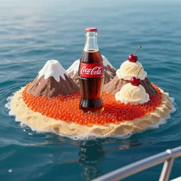 an island made of food, around the island instead of water coca - cola ( dark brown ), instead of sand red caviar, instead of mountains ice cream with cherries, photo taken from a boat, 3 5 mm, cinematic