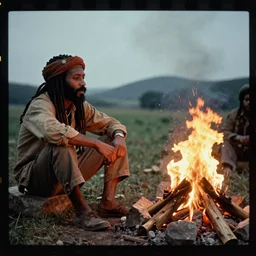 7 0 s film still from a movie about a rastafarian sitting next to a campfire, kodachrome, cinecolor, cinestill, film grain, film texture, retro, cinematic, high resolution, photorealism,
