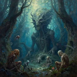 a cinematic masterpiece painting of gothic exotic alien mystical underwater forest of despair and misery in bright sunlight, by Andreas Achenbach, by Wayne Barlowe, by Alex Grey, by Marc Simonetti, by Tim Hildebrandt, by Bruce Pennington, by Zdzisław Beksiński, by Paul Lehr, oil on canvas, masterpiece, trending on artstation, featured on pixiv, cinematic composition, beautiful lighting, sharp, details, hyper-detailed, no frames, HD, HDR, 4K, 8K