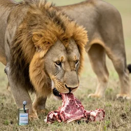 lion eating raw meat next to a poison can