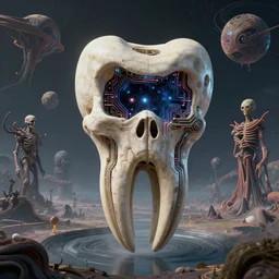 bone and teeth with cosmic circuitry and futuristic technology rearranging body form, constructivism + surrealism, a floating landscape, a portal, and some twisted alien planets, abstract, voodoo, by antoine wiertz and noah bradley, visually stunning, cinematic, ultra realistic, hyper realism, 1 2 k, epic, octane render, unreal engine, vfx, maya