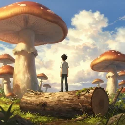 isekai masterpiece anime boy standing tree log overlooking a giant mushrooms, high noon, cinematic, very warm colors, intense shadows, layered stratocumulus clouds, anime illustration, anime screenshot composite background