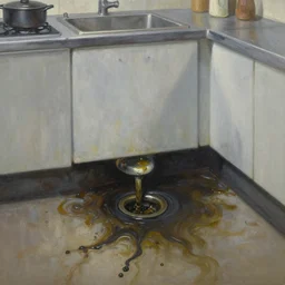 dark oil realistic painting of a clogged drain in a communist kitchen