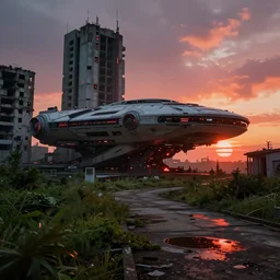 futuristic spaceship, on the background brutalist architecture by Le Corbusier, abandoned buildings, empty streetscapes, surrounded by lush green vegetation, ground-level view, puddles of water, stunning volumetric lighting, sunset, trending on Artstation, 8k, photorealistic, hyper detailed, unreal engine 5, cinematic, epic lighting, cryengine, octane render, cyberpunk, red and orange glow, dark, gloomy