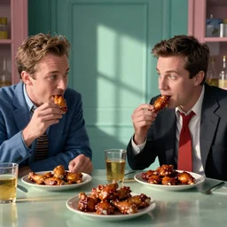 owen wilson and luke wilson eating buffalo chicken wings at the apartment from friends tv show, style of wes anderson, soft lighting, super detailed