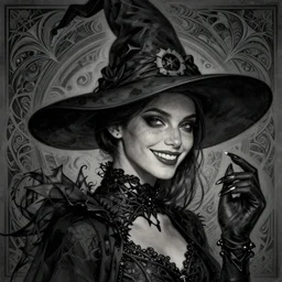 halloween witch woman in a hat smiles, fantasy magic by ruan jia, undercut hairstyle, dark light night, intricate, elegant, sharp focus, illustration, highly detailed, digital painting, concept art, matte, art by wlop and artgerm and greg rutkowski and alphonse mucha, masterpiece