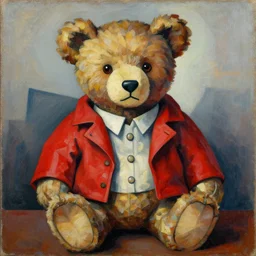 a painting of a teddy bear in a red jacket, a cubist painting by karel appel, featured on deviantart, cubism, cubism, picasso, academic art