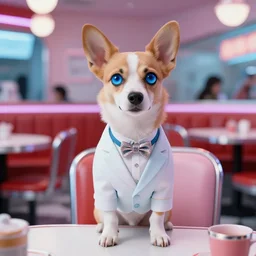 the most beautiful cybercore dog diner, casual elegant suit, blue moe eyes, angelic detail, scene from a nicolas winding refn movie