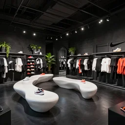 large nike boutique flagship retail. gothic styled black interior. white sensual flowing furniture!!! with colorful shoes and varied clothes. low ceilings with rails and spots. plants. muted colors. architectural photography, 8 k, realistic lighting, reflections, bloom, hyperdetailed environment, pbr materials.