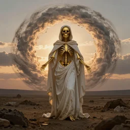 golden skeleton female saint with warm backlight, full body, white medieval robes. background: whirlpool of clouds forming a ring. sunset light. barren land beneath. apocalyptic. rembrandt style