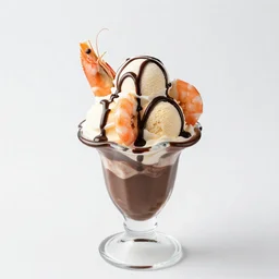 dslr food photograph of an ice cream sundae with chocolate sauce and shrimps on top, 8 5 mm f 1. 4