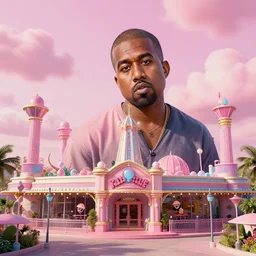 a photo of a kanye west themed amusement park, 8 k concept art, detailed, cohesive, 8 0 s, realistic shading, pink skies, dreamy, cloudy
