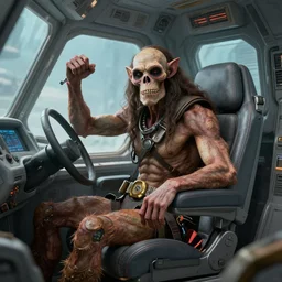 neanderthal inside a spaceship, epic pose in pilot seat