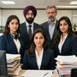 group photo with 4 people, one young brazilian woman, one young punjabi, one young spanish woman, and one young hyderabadi woman, office suits, lots of papers, files and folders, office, decorative headphones, omar ortiz, carl spitzweg, ismail inceoglu, vdragan bibin, hans thoma, greg rutkowski, alexandros pyromallis, perfect face, sharply detailed, centered, rule of thirds, realistic shading, photorealism