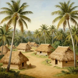 painting of a kerala village by Hieronymus Bosch, with some coconut trees and thatched houses