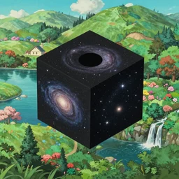 One perfect black cube, on its surface it is depicted a black hole devouring stars and galaxies, hyper realistic, floating on the right side of a beautiful enchanted landscape with trees, flourishing nature, lakes and waterfalls, in the style of Hayao Miyazaki