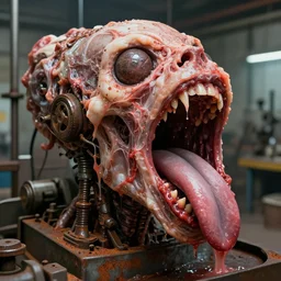 a close up of an elongated machine made of gums tongues and raw meat rust, in a factory, concept art by giger, cgsociety, assemblage, trypophobia, greeble, grotesque, biomechanical open mouth with tongues, industrial saliva ooze